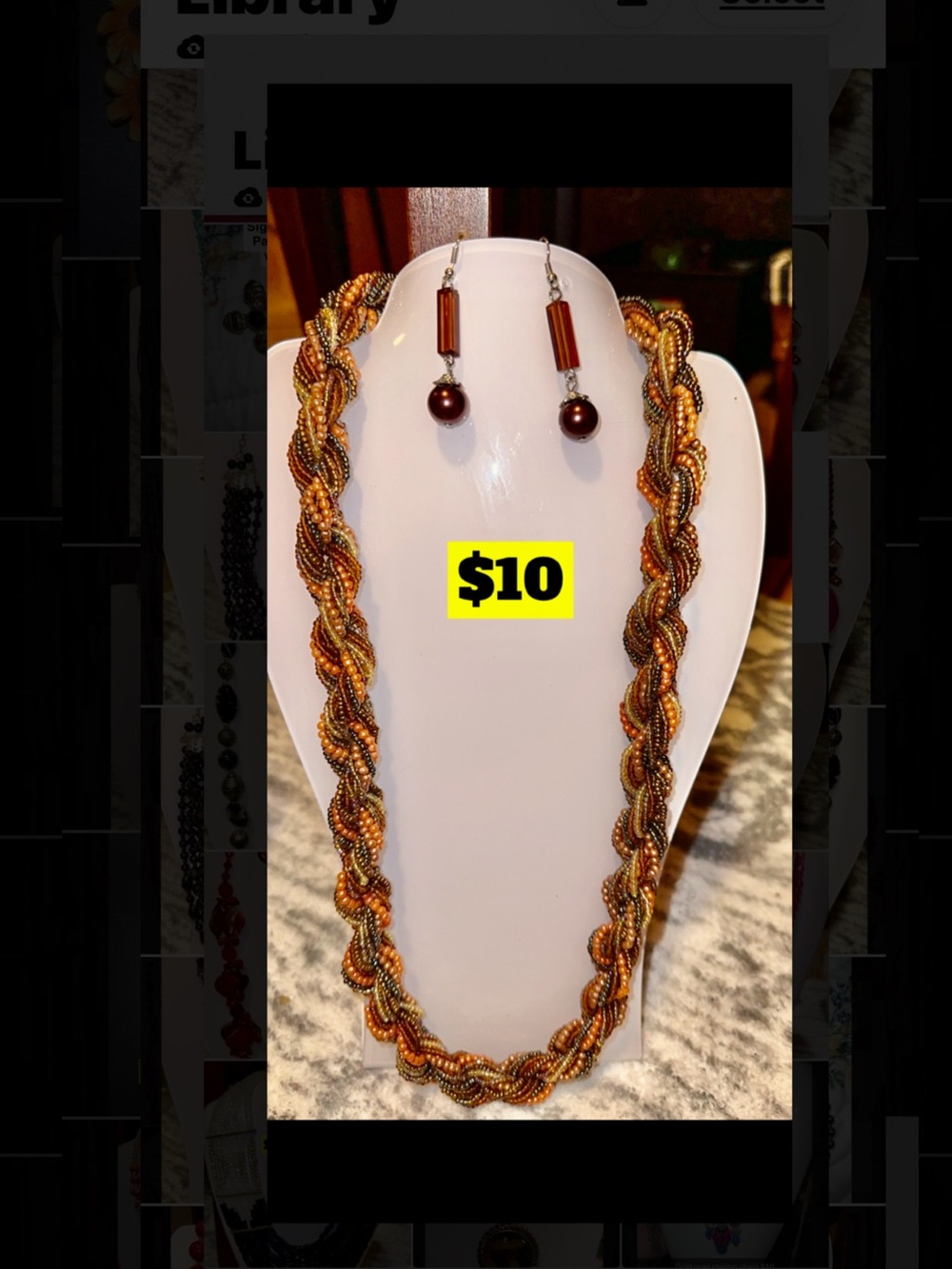 Braided Metallic Bead Necklace and Earrings Set - Bronze